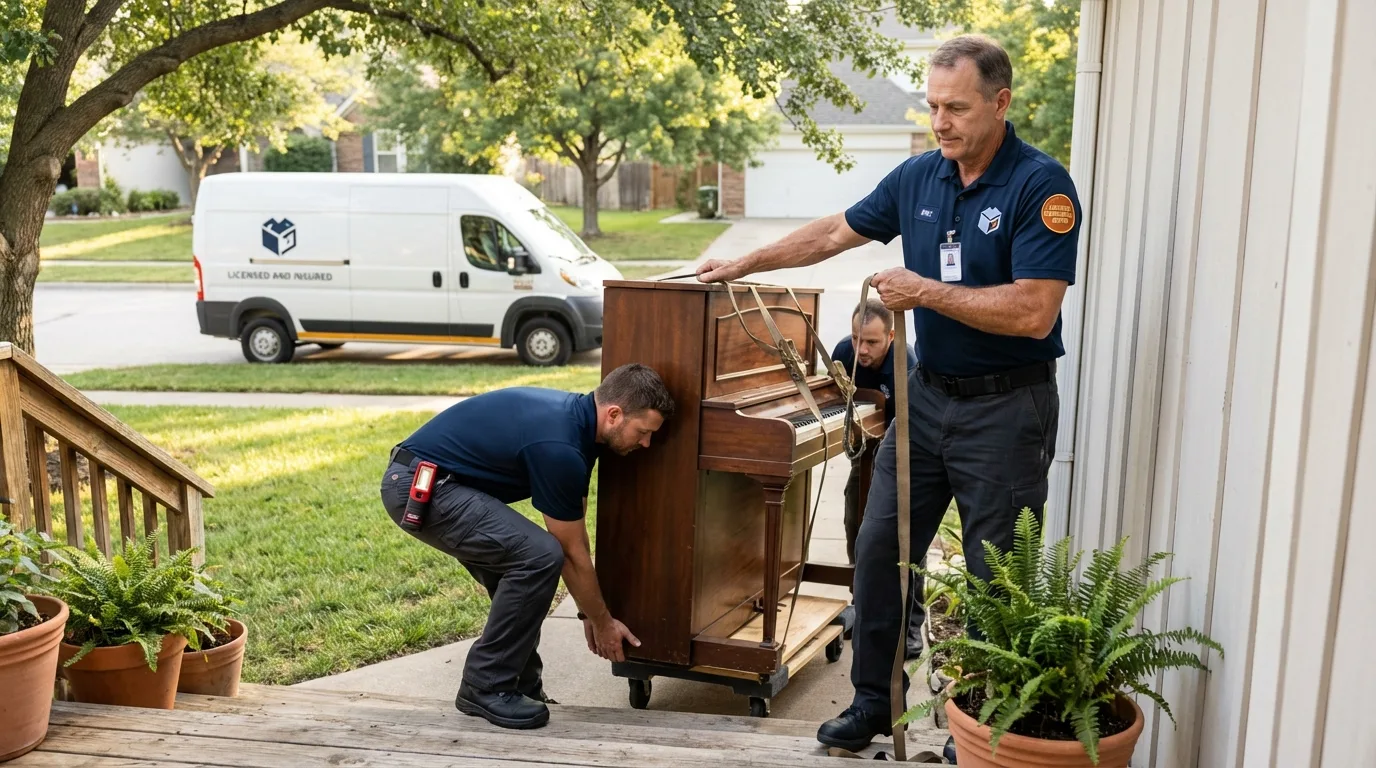 Licensed piano movers securing grand piano in Lyons, IL