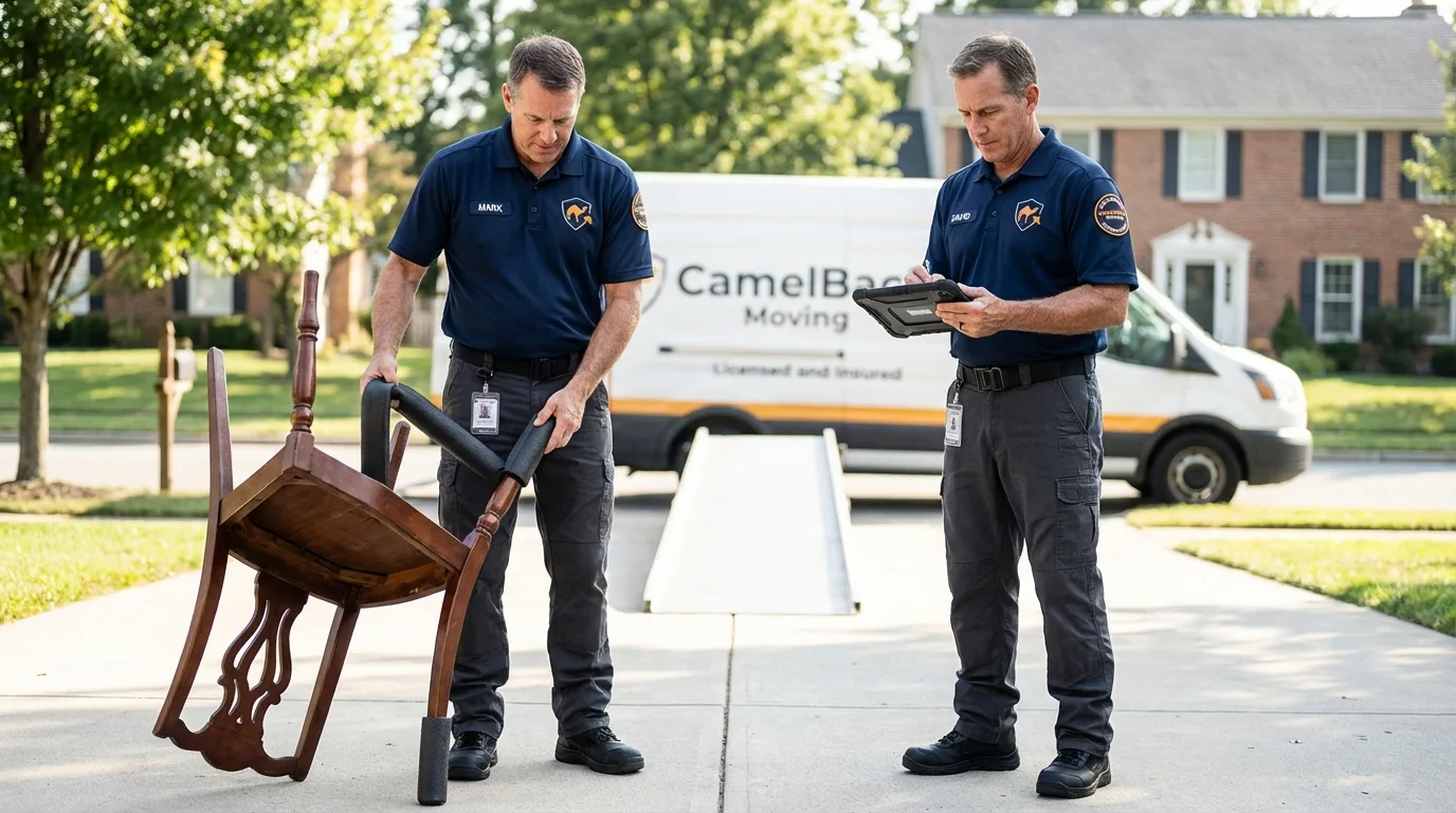 Movers inspecting furniture for damage prevention before loading in Lyons, IL