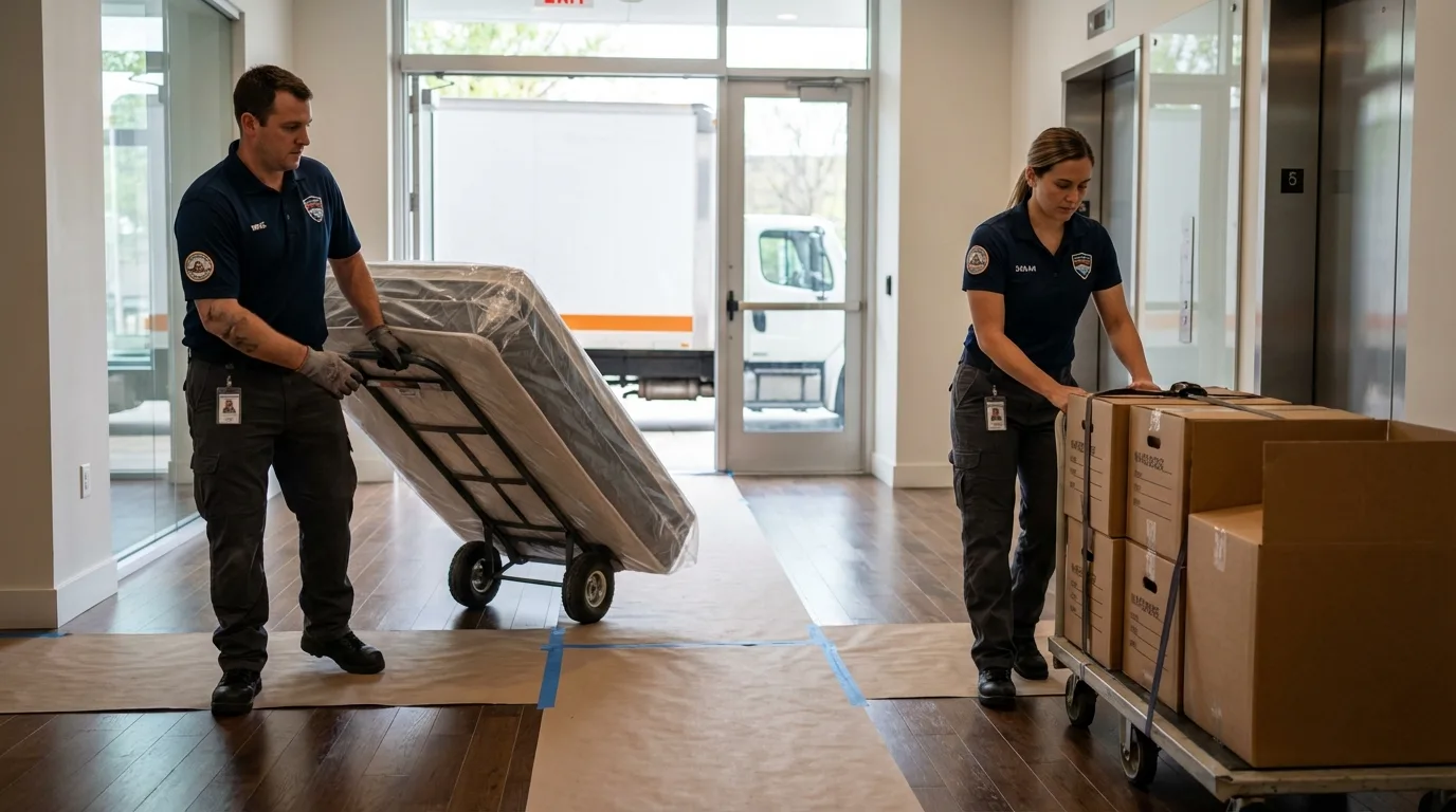 Professional apartment movers loading elevator in Lyons, IL