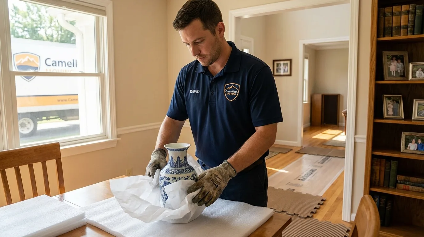 Professional crew carefully wrapping antique vase for senior downsizing move in Lyons, IL